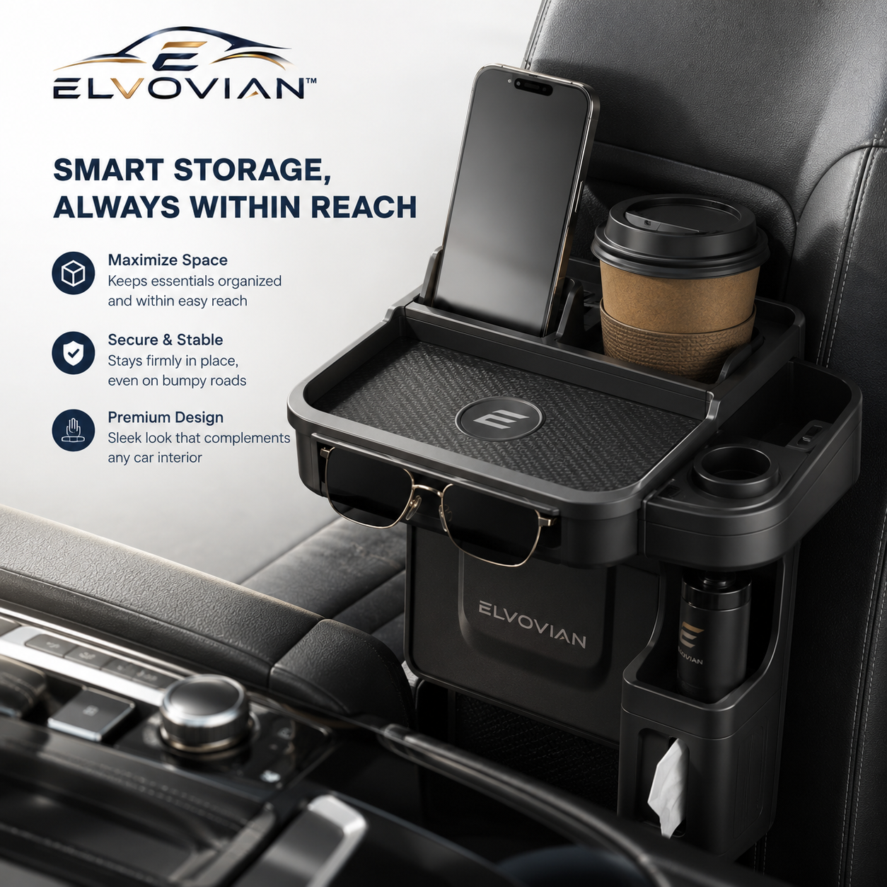 Elvovian™ NexDock Ultra Console Multi-Function Organizer Tray