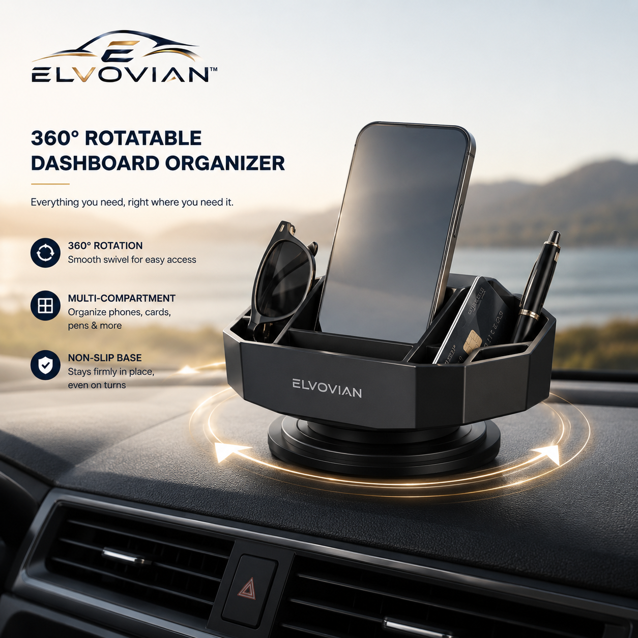 Elvovian™ OrbitDock 360° Rotating Dashboard Smart Organizer Hub