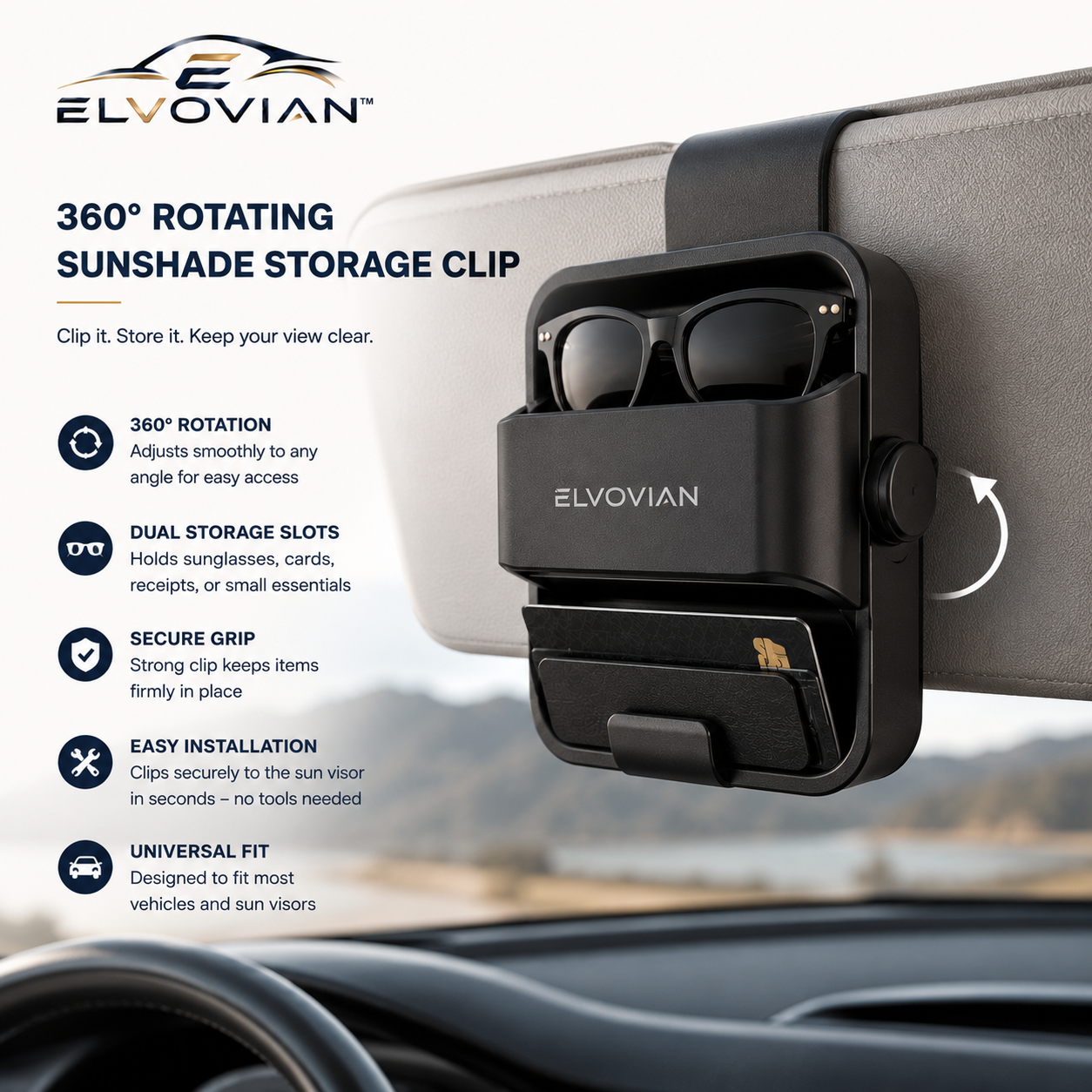Elvovian™ AeroShade ClipVault Magnetic Sun Visor Organizer Pro